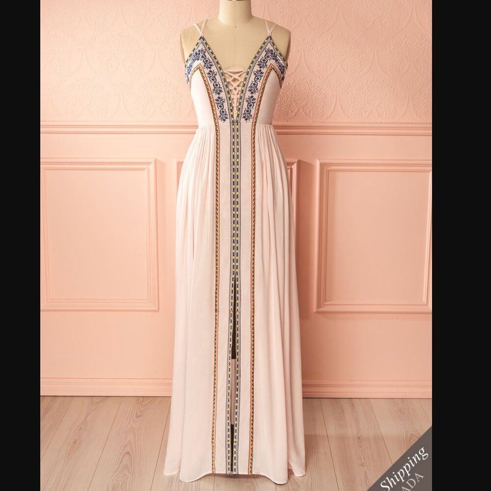 Soieblu Maxi Dress Medium Light Pink Embroidered Strap Lace Up Backless Boho